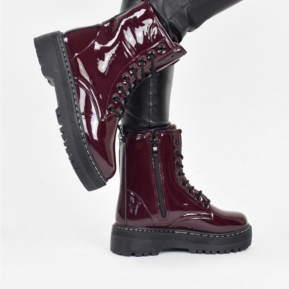 Sincerely Jules Harley 2 Burgundy Glossy Maroon Platform Lace & Zip Combat Boots